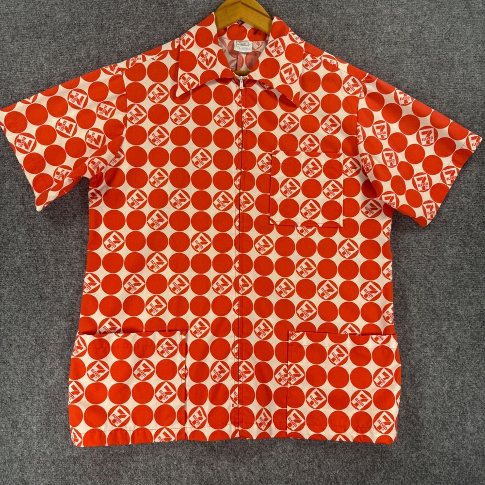 Vintage 70s 7-11 Uniform Shirt Men's M Red White Talon Zip Up Bubble Polka Dot